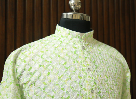 White with Green Printed Cotton Kurtha with Zari And White Pajama - Long Kurtha