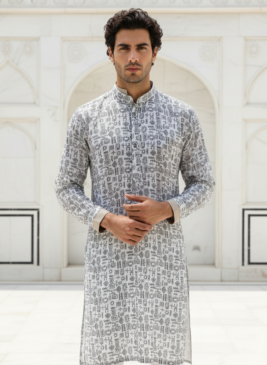 Tradition Touch – White Cotton Satin Kurtha (Long)
