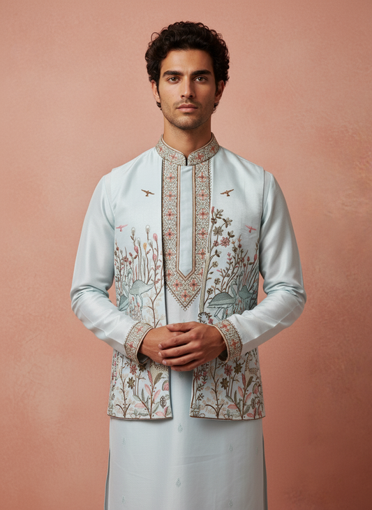 pastle silk kurta with embroidered nehu jacket. wedding outfit for men. rajasthani traditional look