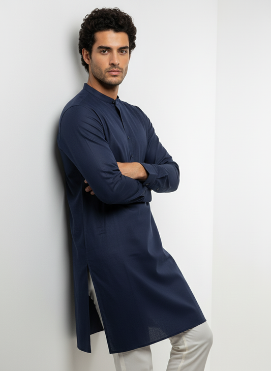 dark blue cotton kurta, ethnic wear, indian men's wear, traditional attire, simple and stylish kurtas