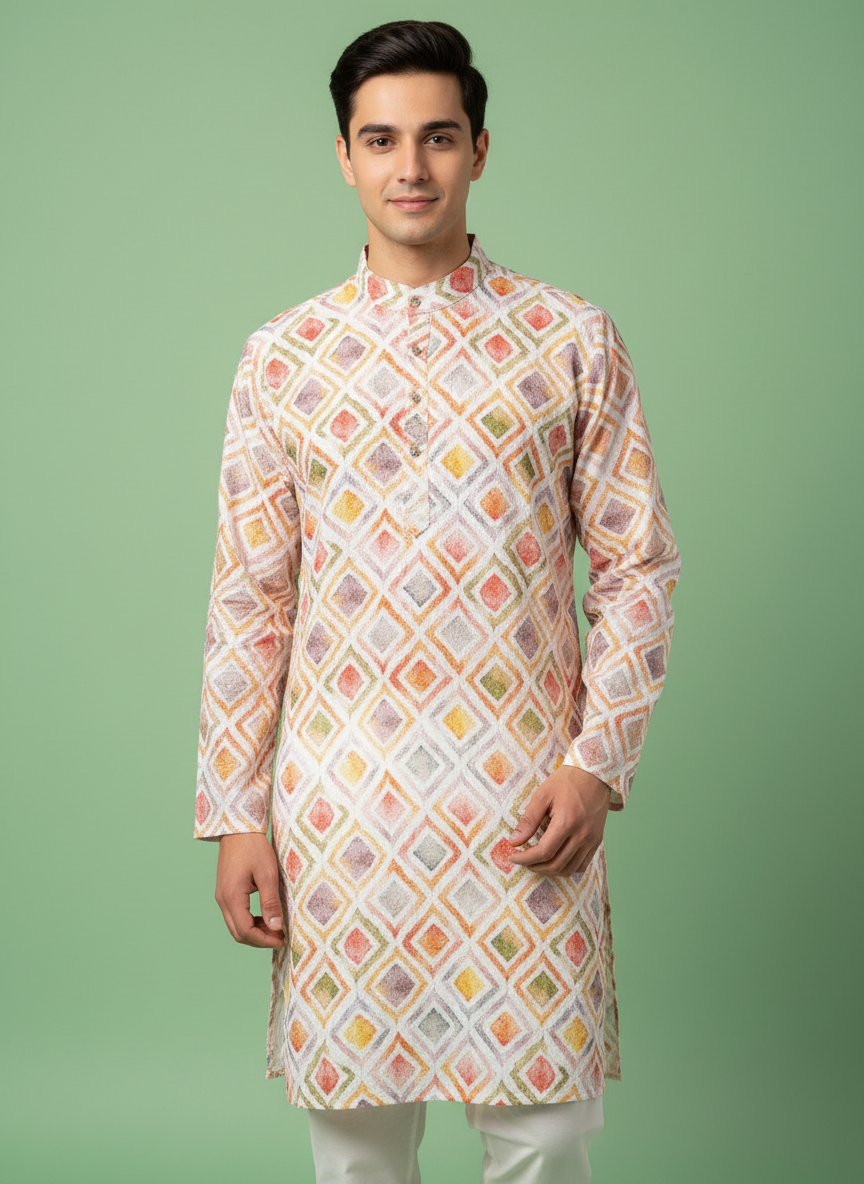 Adhiraj Classic Cotton Print Thread Work Kurta | Festive Collection