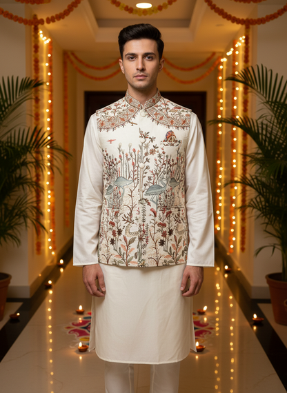 white silk kurta with embroidered nehu jacket. wedding outfit for men. rajasthani traditional look