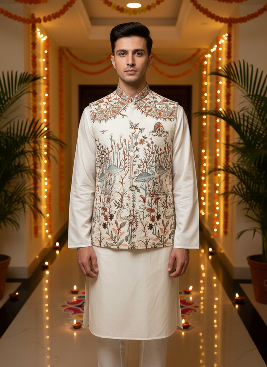 white silk kurta with embroidered nehu jacket. wedding outfit for men. rajasthani traditional look