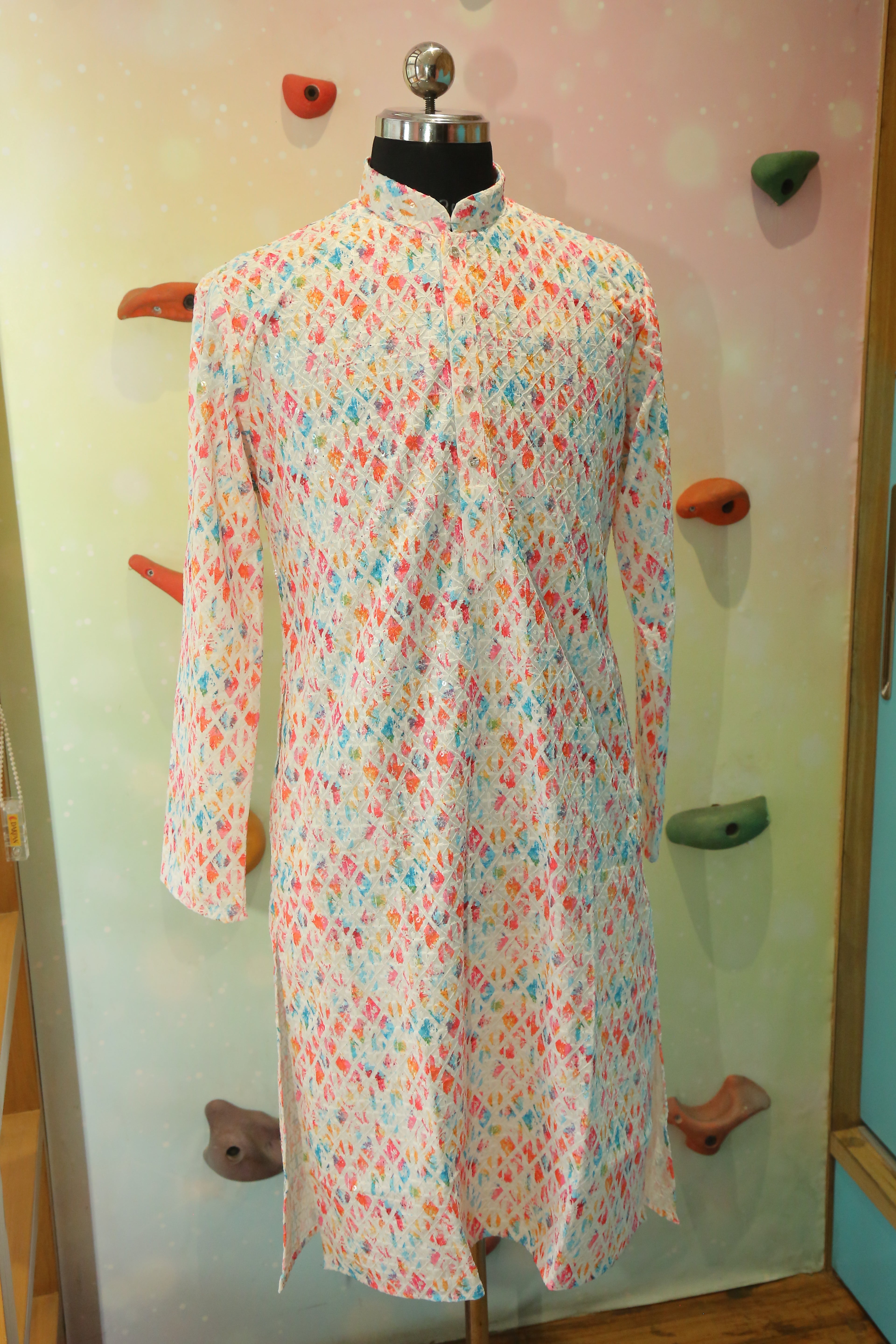 White with Green Printed Cotton Kurtha with Zari And White Pajama - Long Kurtha