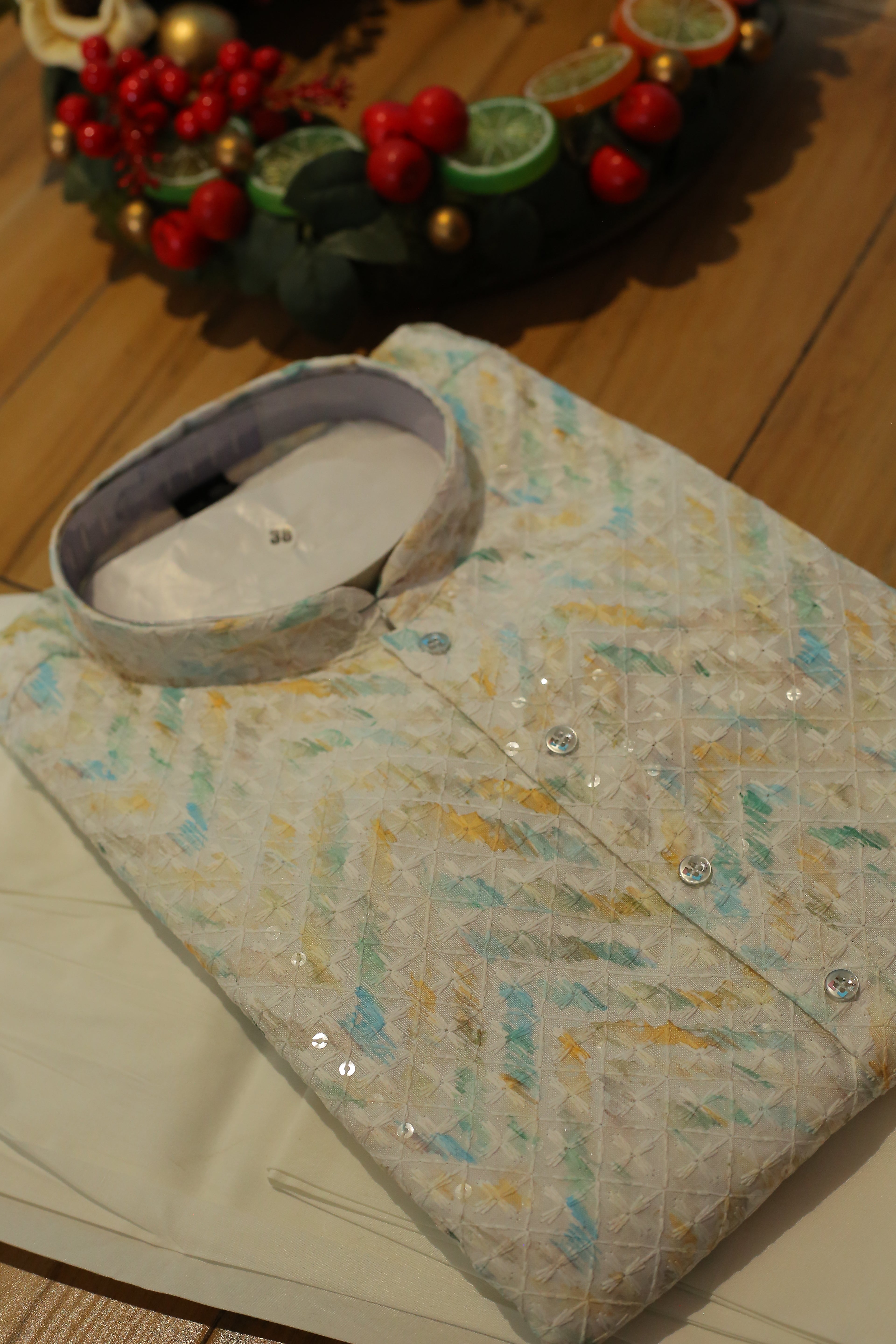 White with Green Printed Cotton Kurtha with Zari And White Pajama - Long Kurtha