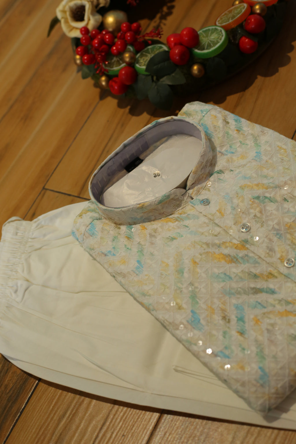 White with Green Printed Cotton Kurtha with Zari And White Pajama - Long Kurtha