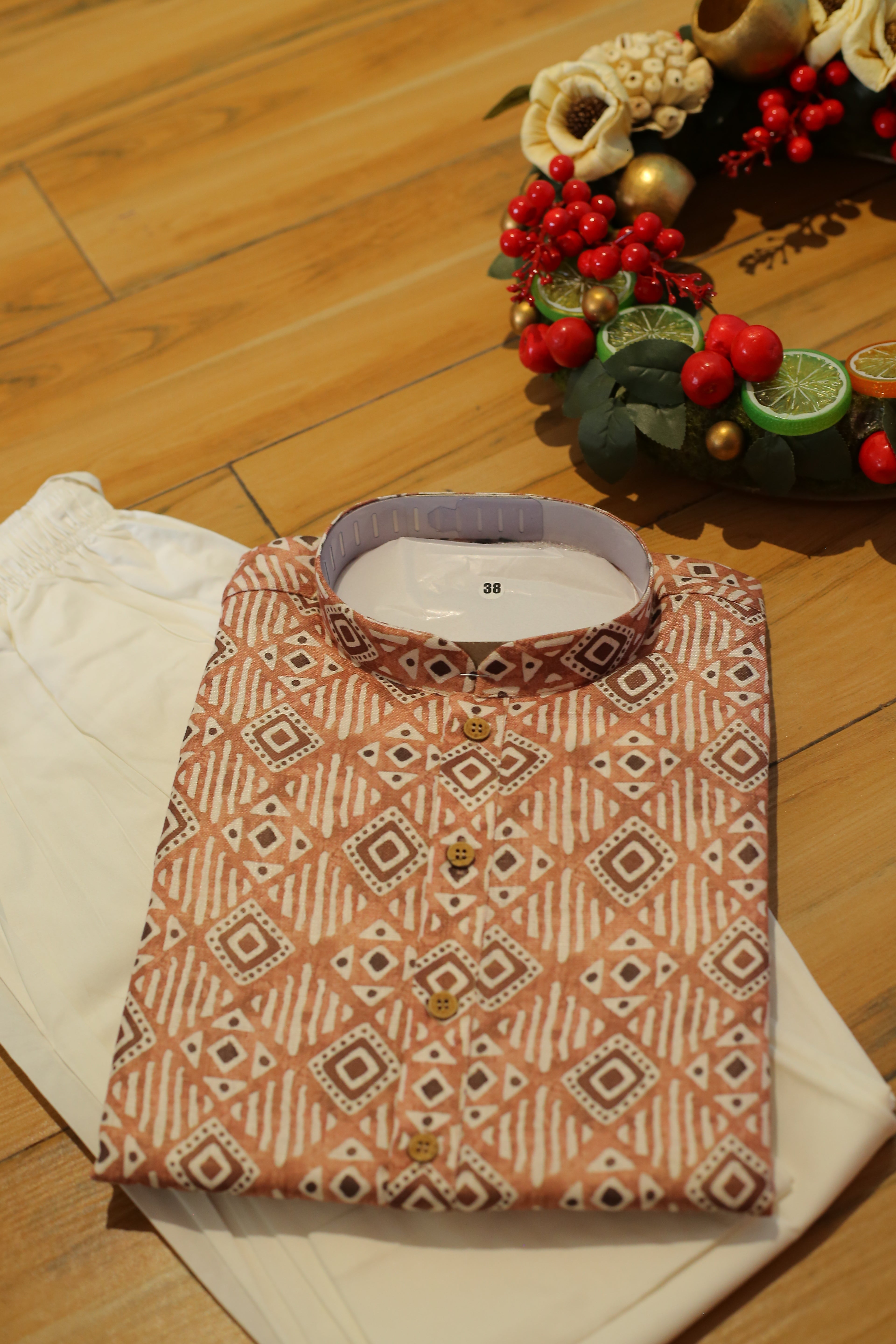 Festive Cotton Brown Kurtha with Zari Pattern and Classic White Pajama