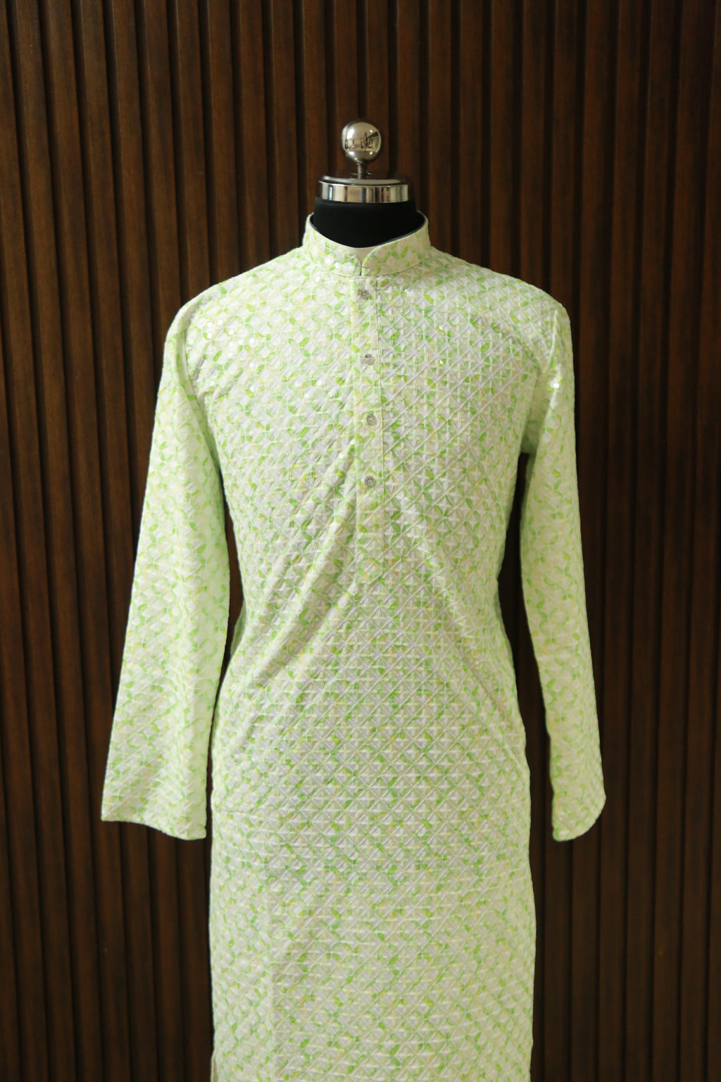 White with Green Printed Cotton Kurtha with Zari And White Pajama - Long Kurtha