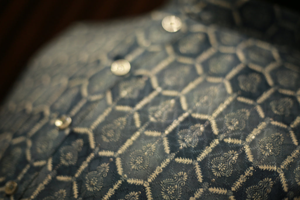 Classic Blue Cotton Kurtha with Zari And White Pajama - Long Kurtha