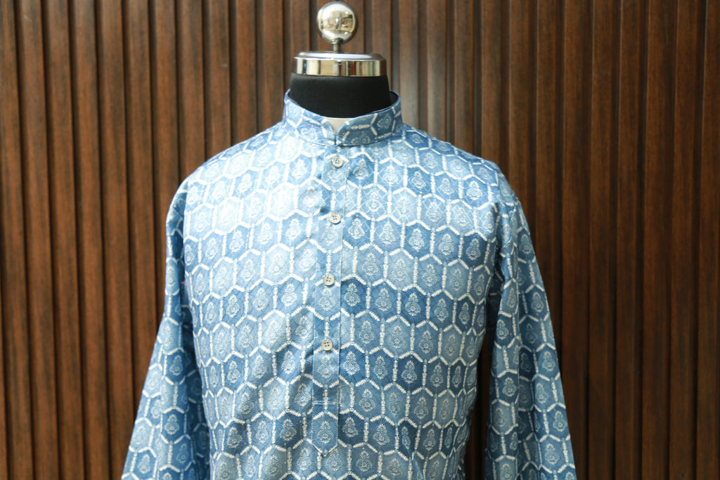 Classic Blue Cotton Kurtha with Zari And White Pajama - Long Kurtha