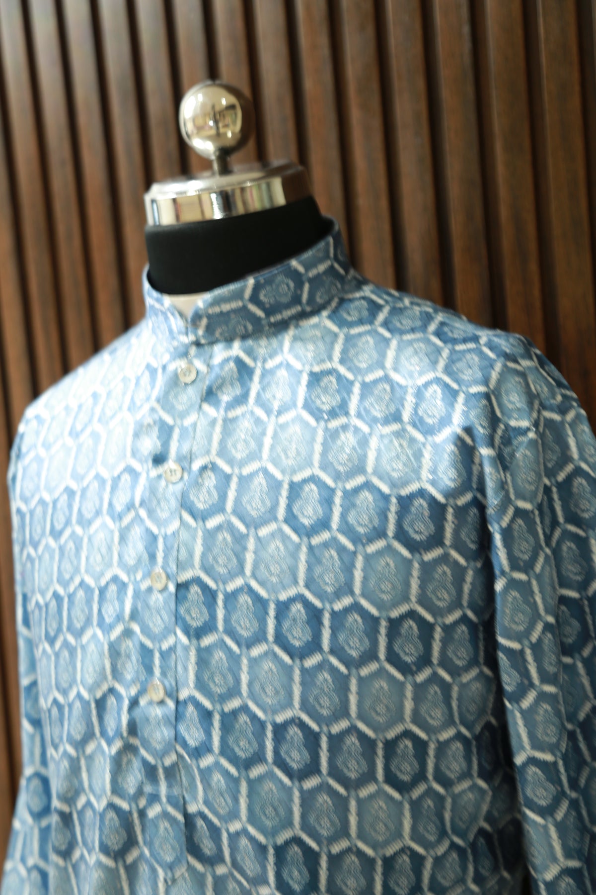 Classic Blue Cotton Kurtha with Zari And White Pajama - Long Kurtha