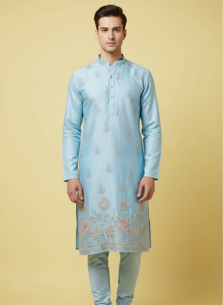 blue cotton satin kurta pajama set, embroidery kurta set for men, Delhi traditional dress male, ethnic dress for groom, traditional indian dress for men