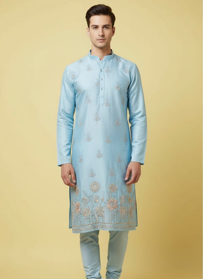 blue cotton satin kurta pajama set, embroidery kurta set for men, Delhi traditional dress male, ethnic dress for groom, traditional indian dress for men