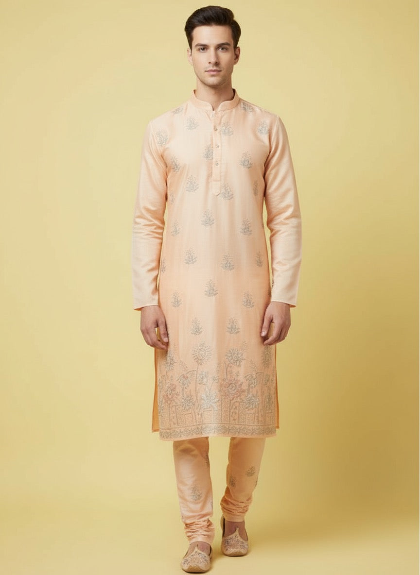 pastel cotton satin kurta pajama set, embroidery kurta set for men, Delhi traditional dress male, ethnic dress for groom, traditional indian dress for men