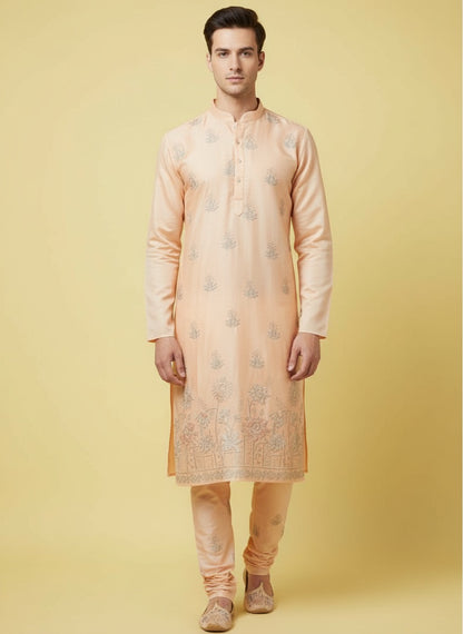 pastel cotton satin kurta pajama set, embroidery kurta set for men, Delhi traditional dress male, ethnic dress for groom, traditional indian dress for men