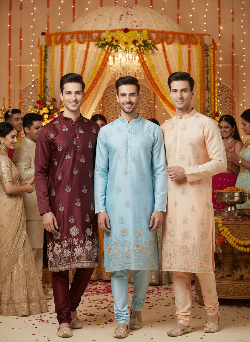 cotton satin kurta pajama set, embroidery kurta set for men, Delhi traditional dress male, ethnic dress for groom, traditional indian dress for men