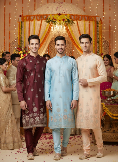 cotton satin kurta pajama set, embroidery kurta set for men, Delhi traditional dress male, ethnic dress for groom, traditional indian dress for men