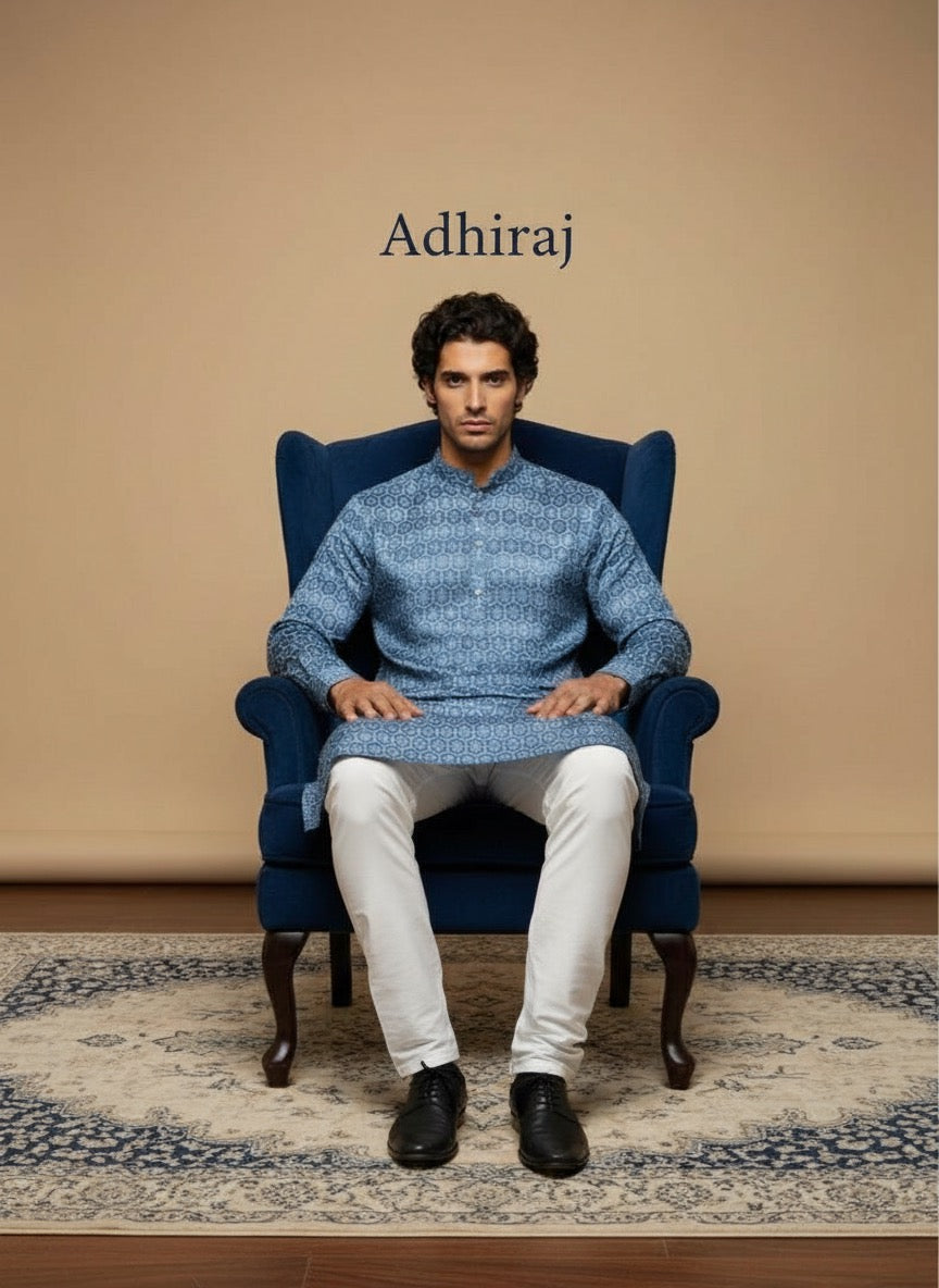 Classic Blue Cotton Kurtha with Zari And White Pajama - Long Kurtha