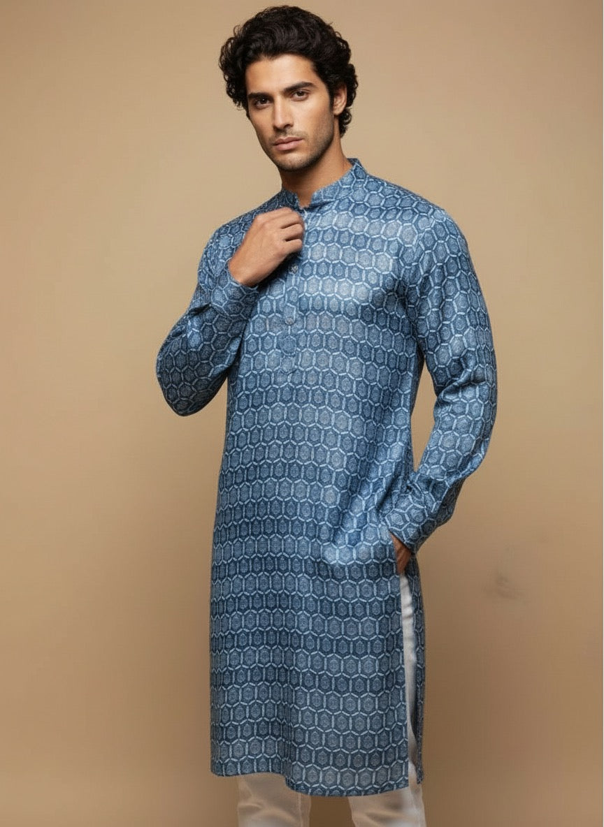 Classic Blue Cotton Kurtha with Zari And White Pajama - Long Kurtha