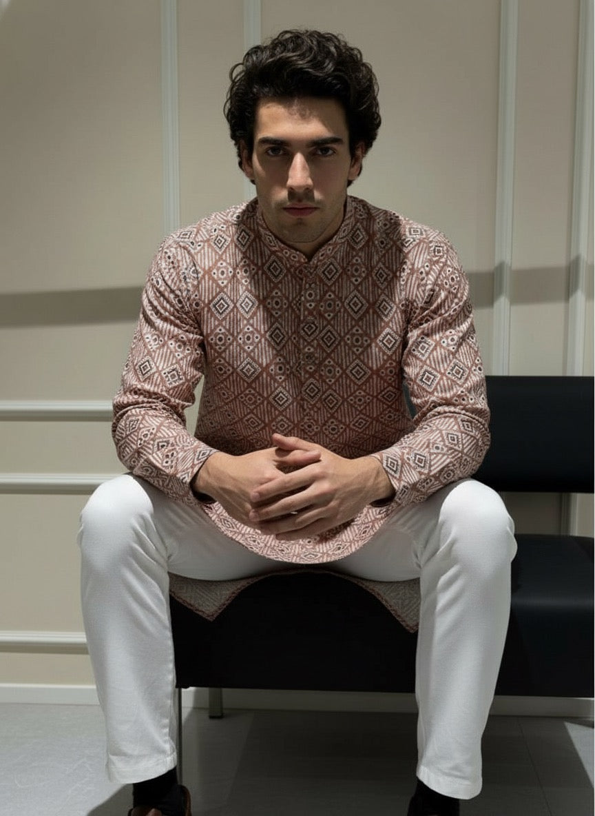 Festive Cotton Brown Kurtha with Zari Pattern and Classic White Pajama