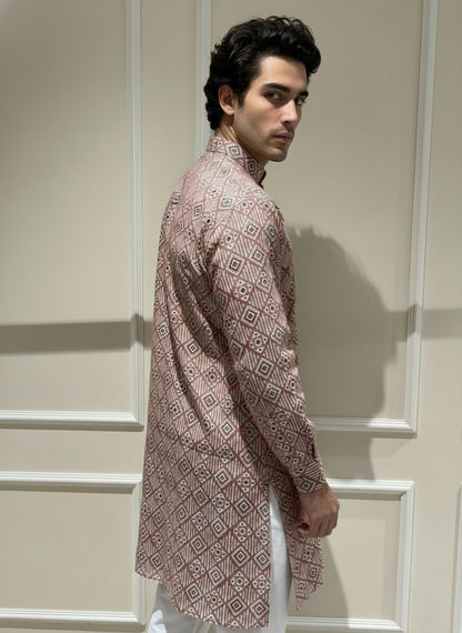 printed cotton kurta, puja outfits for men, traditional indian wear for men, ganpati kurta pajama, men's occasion wear india, brown kurta pajama