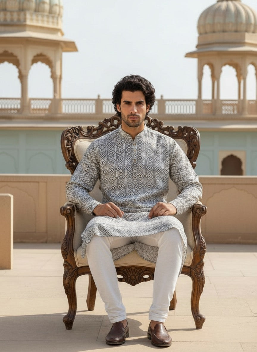 Festive Cotton Brown Kurtha with Zari Pattern and Classic White Pajama