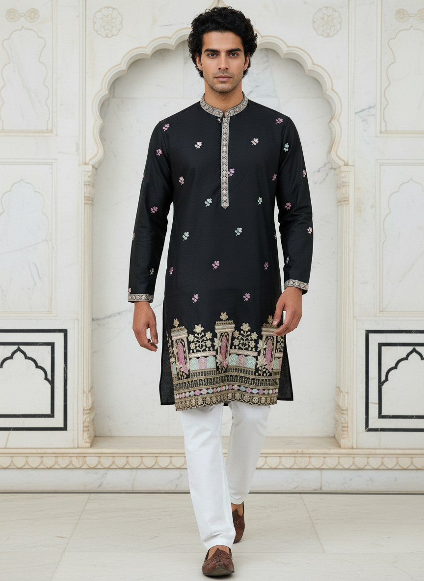 Designer Silk Embroidered Kurta | Regal Look for Special Occasions | Ideal for Festivals, Receptions & Traditional Events