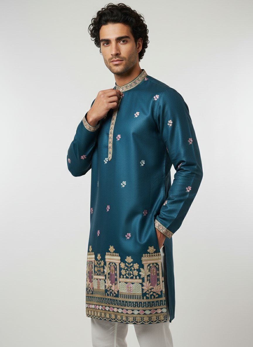 Designer Silk Embroidered Kurta | Regal Look for Special Occasions | Ideal for Festivals, Receptions & Traditional Events