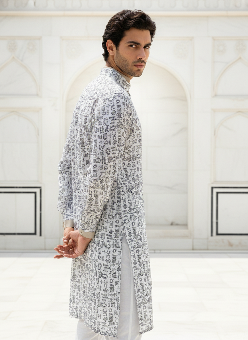 Tradition Touch – White Cotton Satin Kurtha (Long)