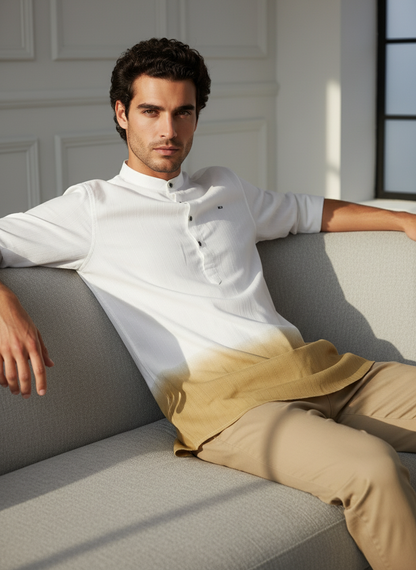 shaded short kurta, short kurta on jeans. indian men's fusion clothing.