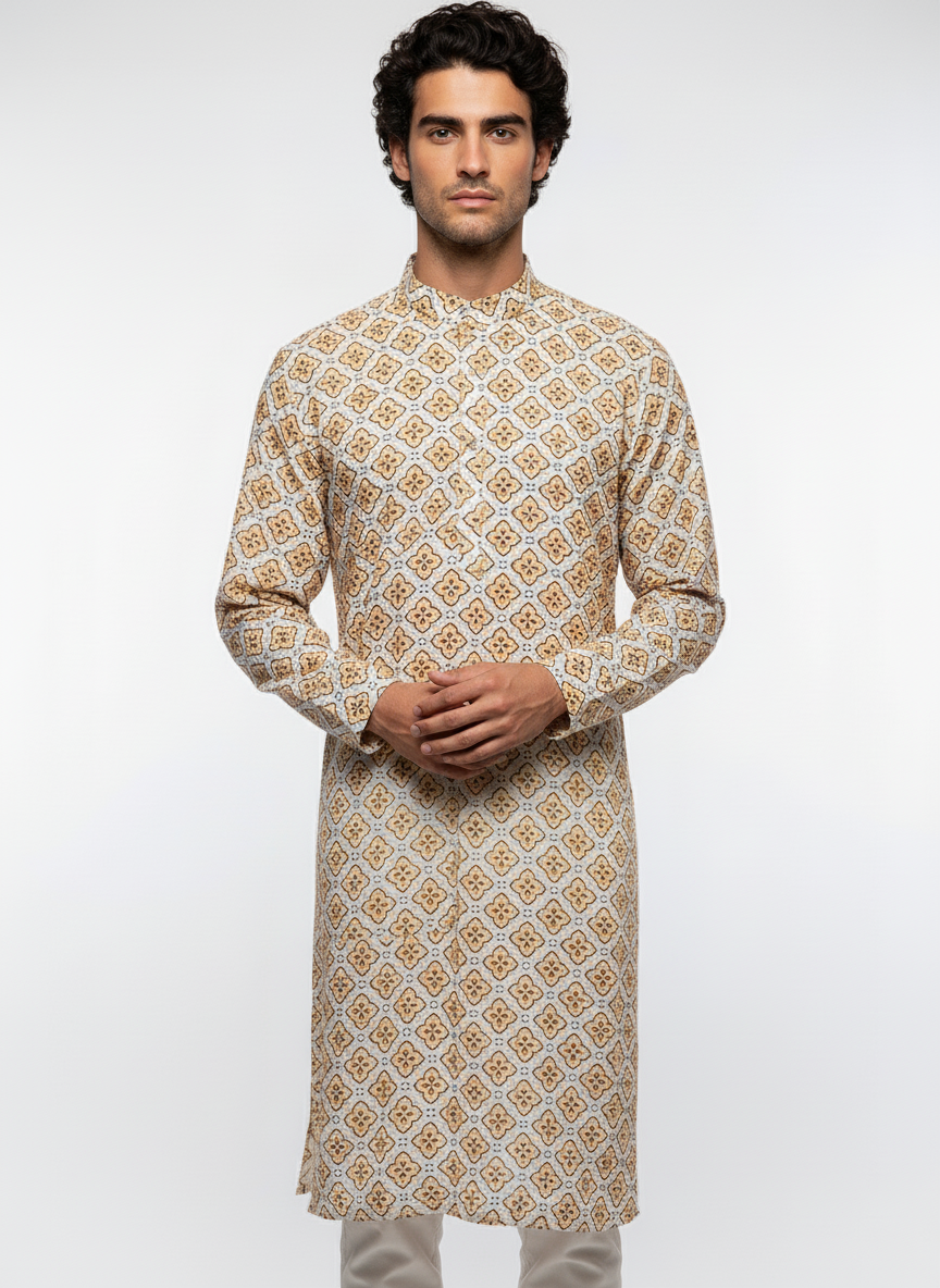 Adhiraj Classic Cotton Print Thread Work Kurta | Festive Collection