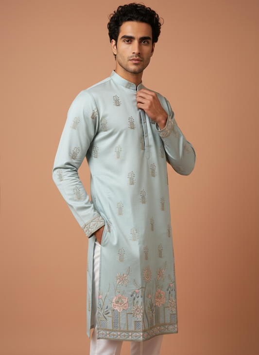 silk embroidered kurta, kurta pajama for Diwali, men's traditional dress for engagement, indian wedding dress for men