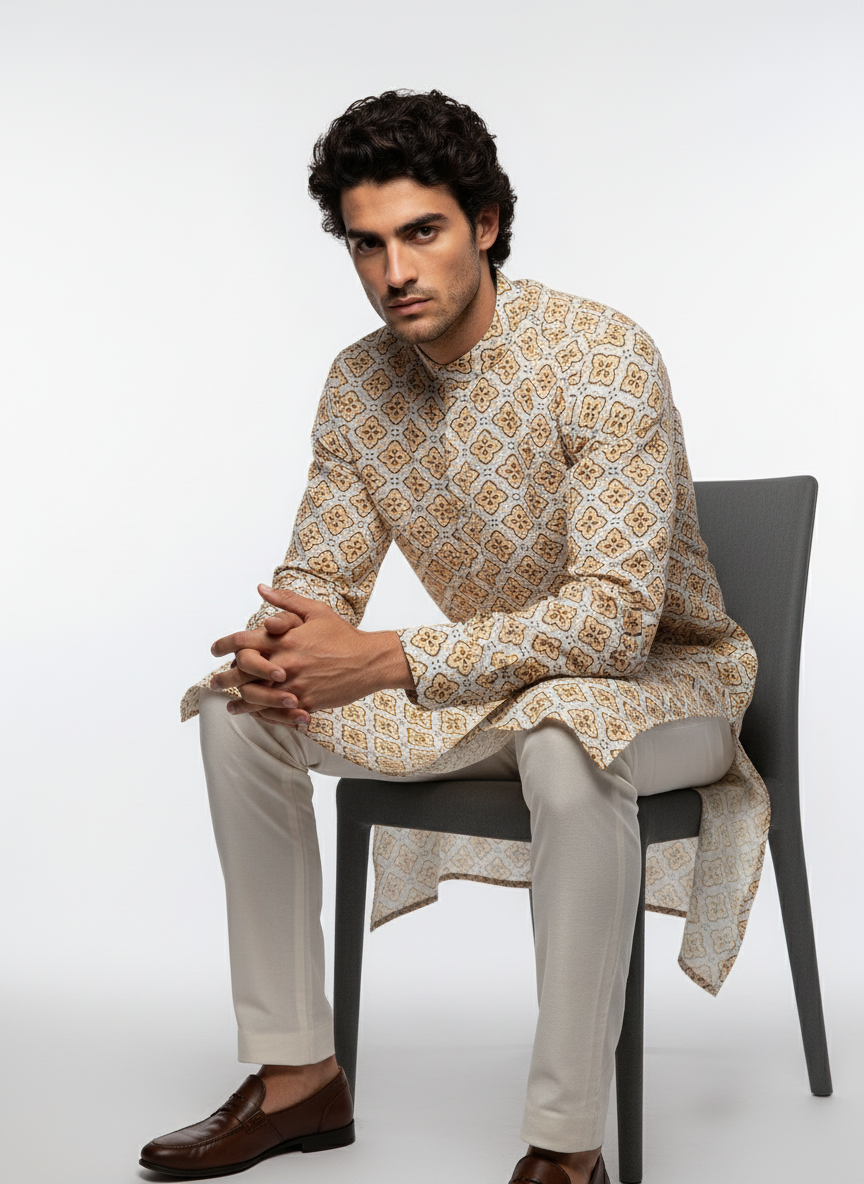 Adhiraj Classic Cotton Print Thread Work Kurta | Festive Collection