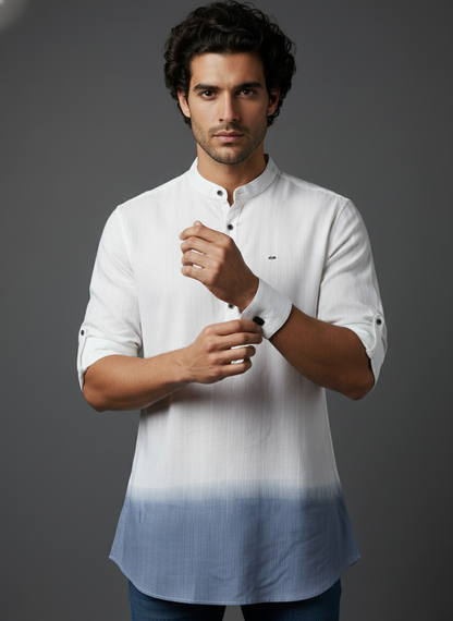 shaded short kurta, short kurta on jeans. indian men's fusion clothing.