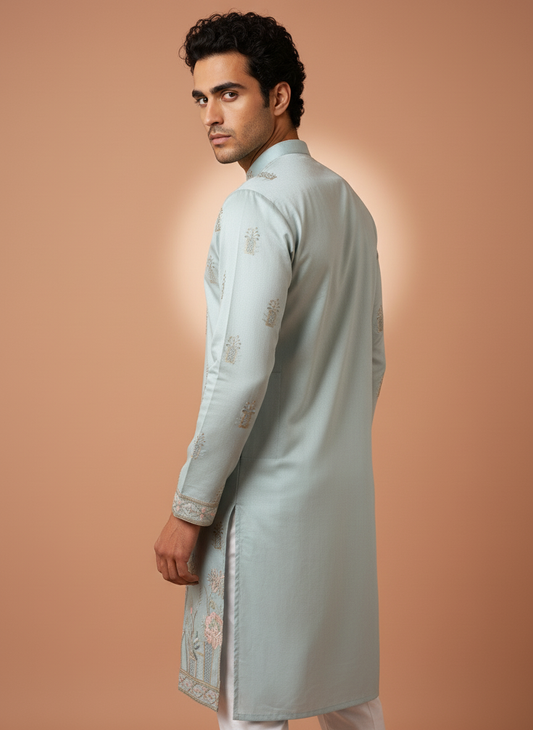 silk embroidered kurta, kurta pajama for Diwali, men's traditional dress for engagement, indian wedding dress for men