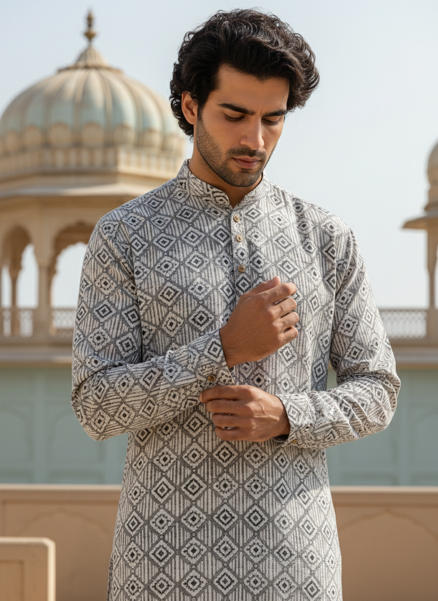 printed cotton kurta, puja outfits for men, traditional indian wear for men, ganpati kurta pajama, men's occasion wear india