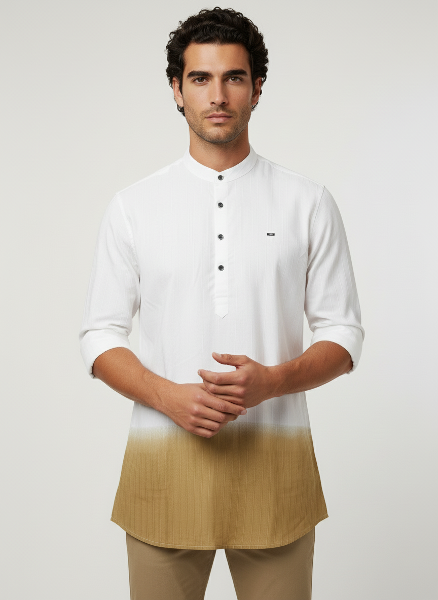 shaded short kurta, short kurta on jeans. indian men's fusion clothing.