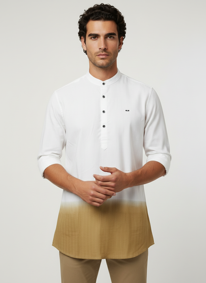 shaded short kurta, short kurta on jeans. indian men's fusion clothing.