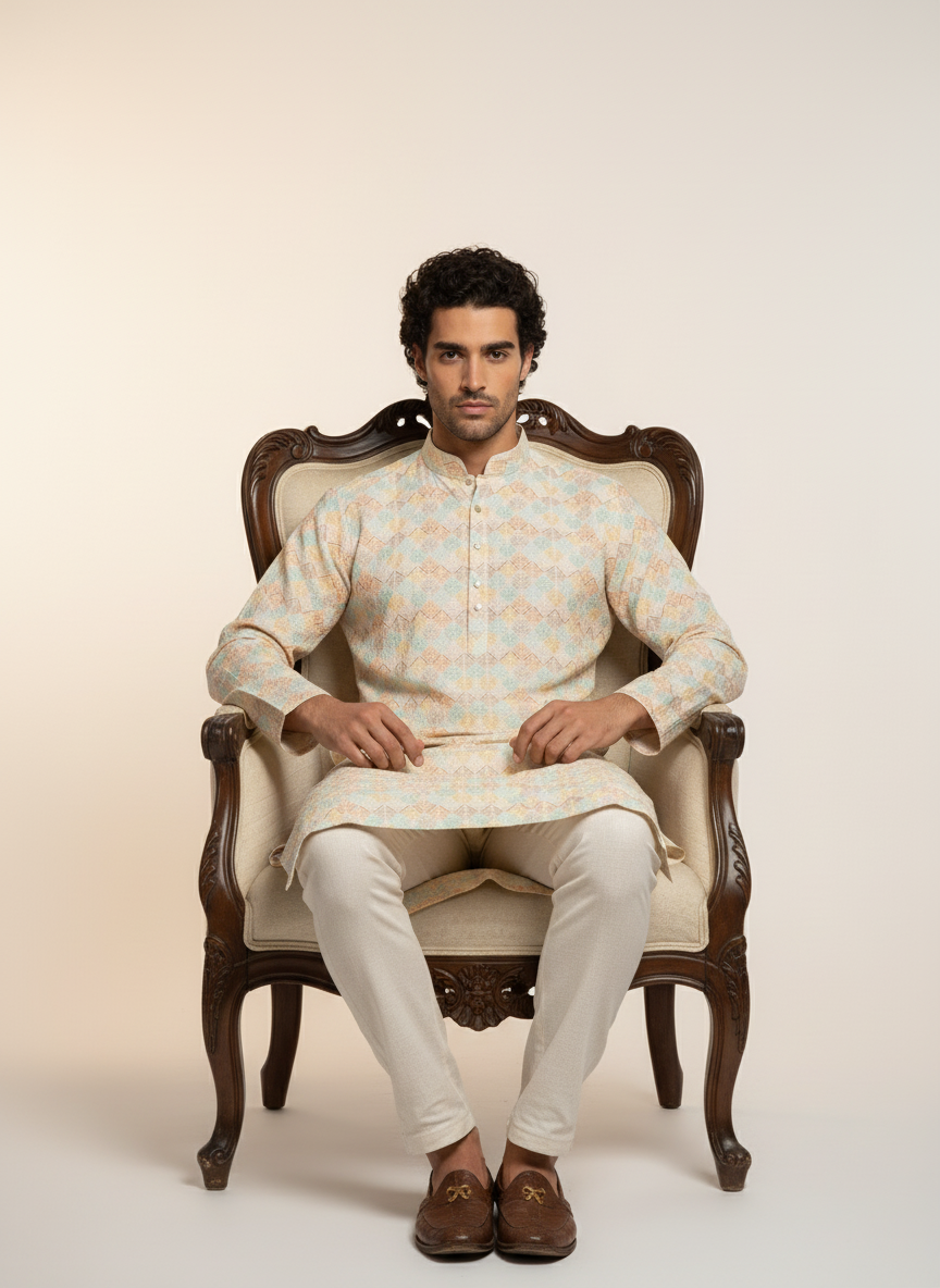Adhiraj Classic Cotton Print Thread Work Kurta | Festive Collection