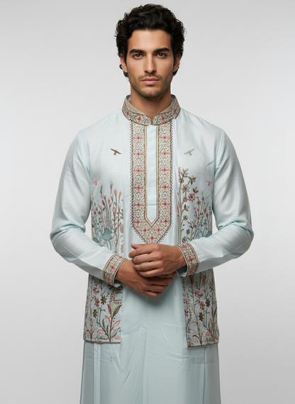 pastel blue silk kurta with embroidered nehu jacket. wedding outfit for men. rajasthani traditional look