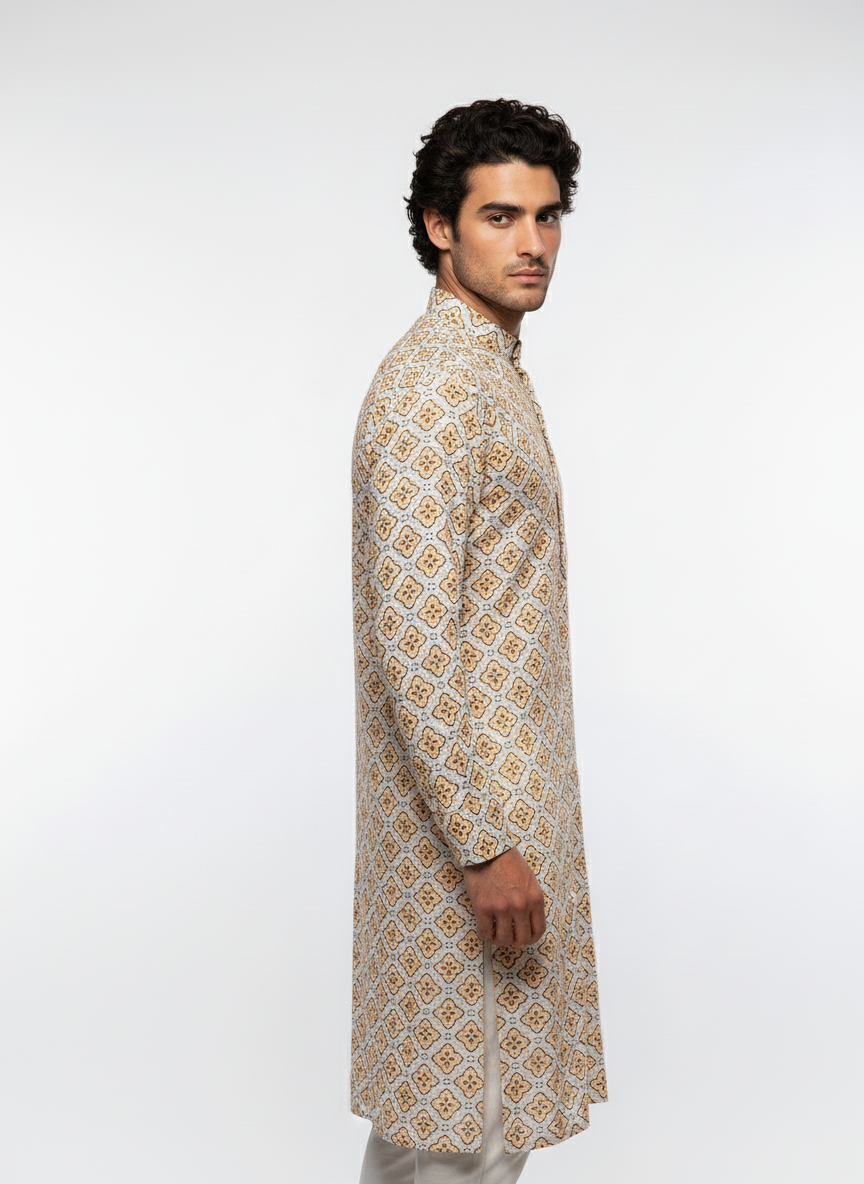 Adhiraj Classic Cotton Print Thread Work Kurta | Festive Collection
