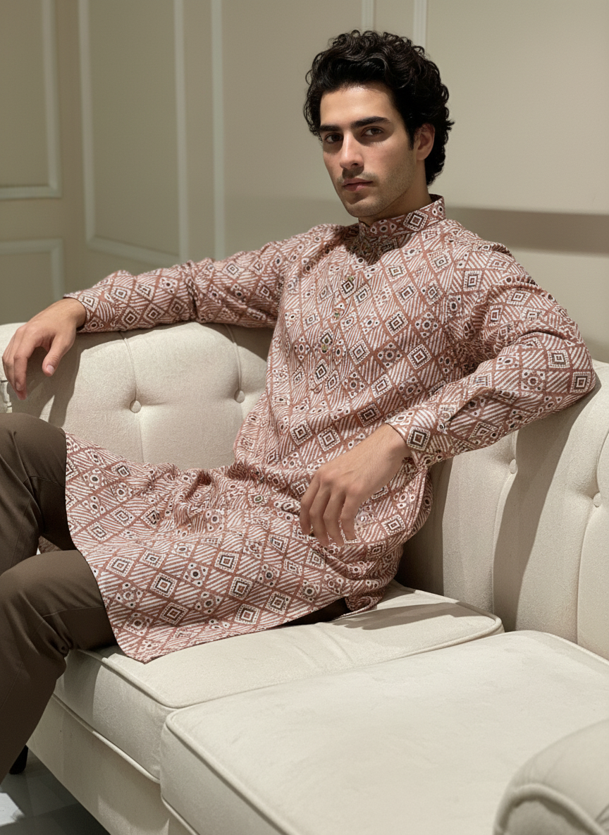 Festive Cotton Brown Kurtha with Zari Pattern and Classic White Pajama