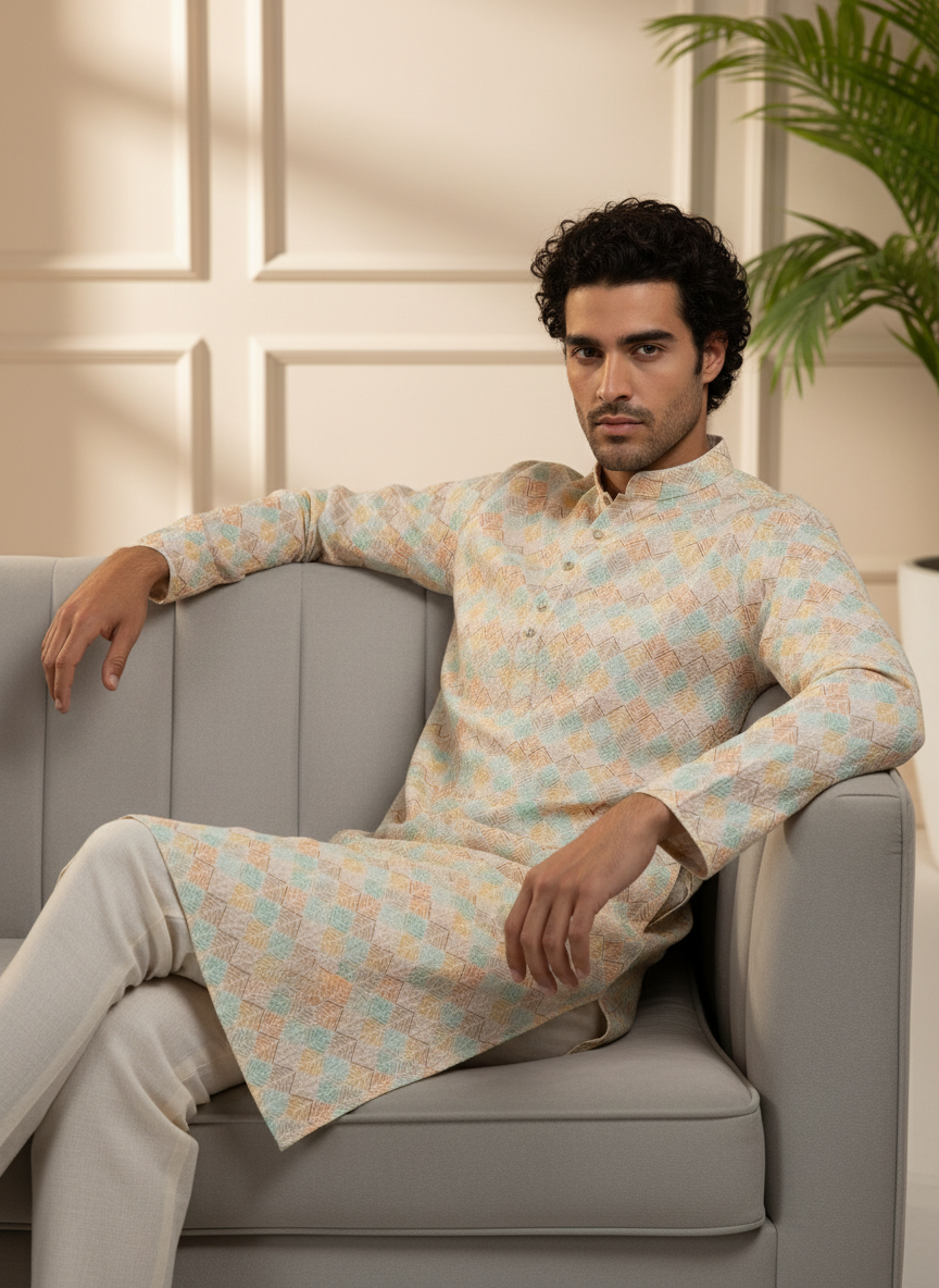 Adhiraj Classic Cotton Print Thread Work Kurta | Festive Collection