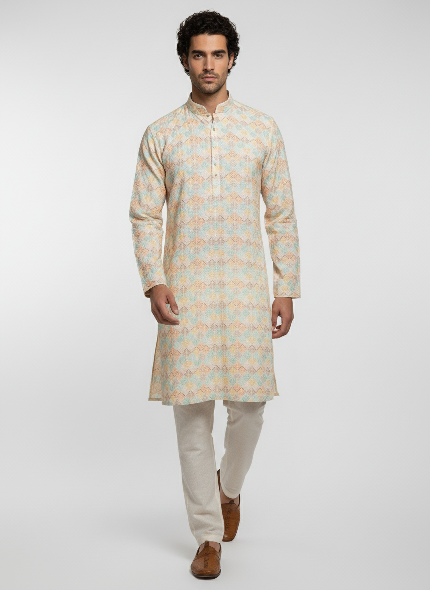 Adhiraj Classic Cotton Print Thread Work Kurta | Festive Collection