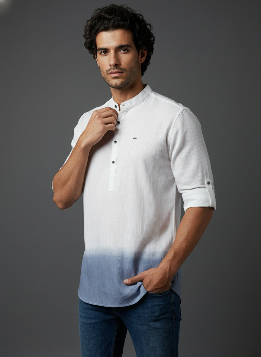 shaded short kurta, short kurta on jeans. indian men's fusion clothing.