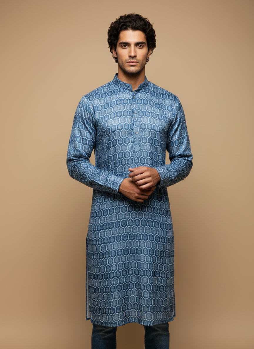 Classic Blue Cotton Kurtha with Zari And White Pajama - Long Kurtha
