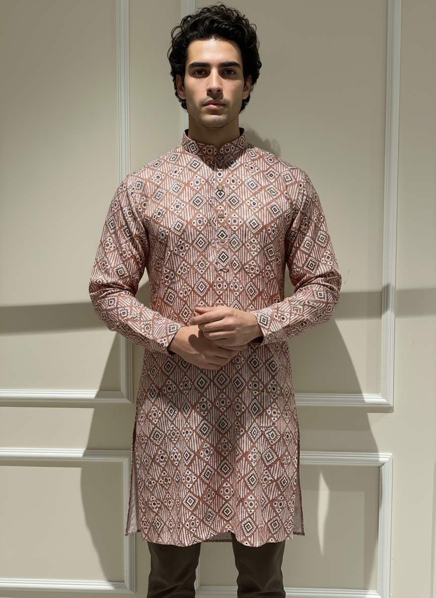 Festive Cotton Brown Kurtha with Zari Pattern and Classic White Pajama