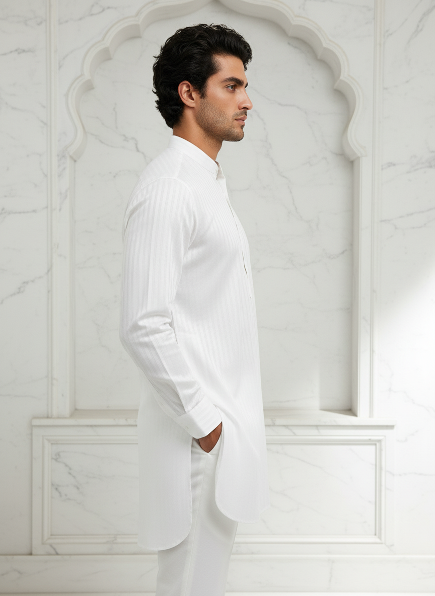 Pure Essence – White Cotton Plain Kurta (Long) | Everyday Cotton Kurta With White Pajama