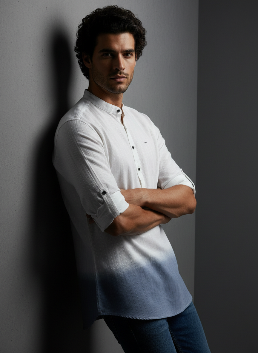 shaded short kurta, short kurta on jeans. Indian men's fusion clothing.