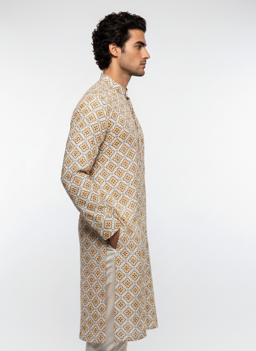 Adhiraj Classic Cotton Print Thread Work Kurta | Festive Collection